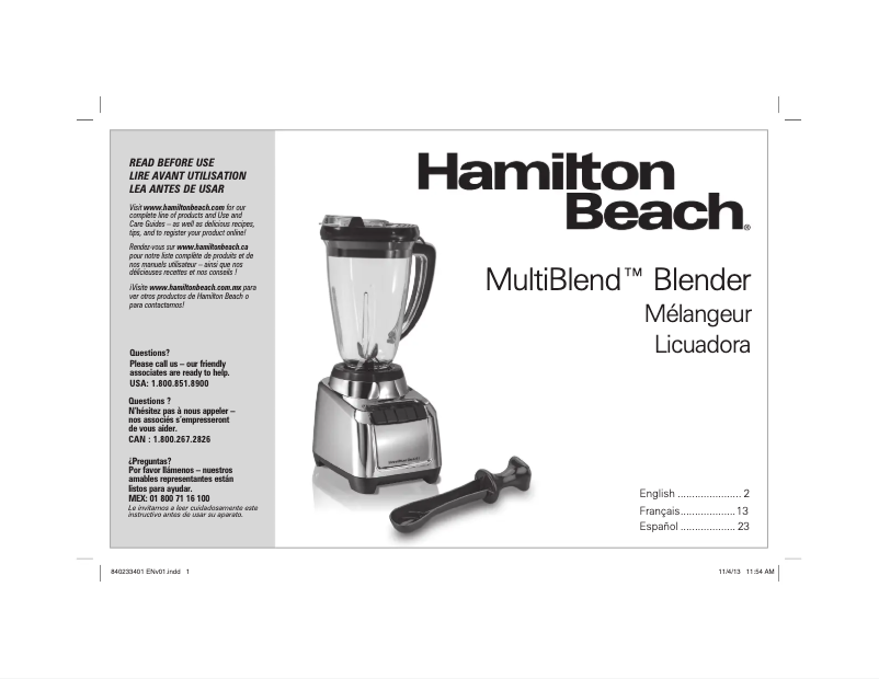 Page n°1 - Manuel utilisateur Hamilton Beach MultiBlend 53511
