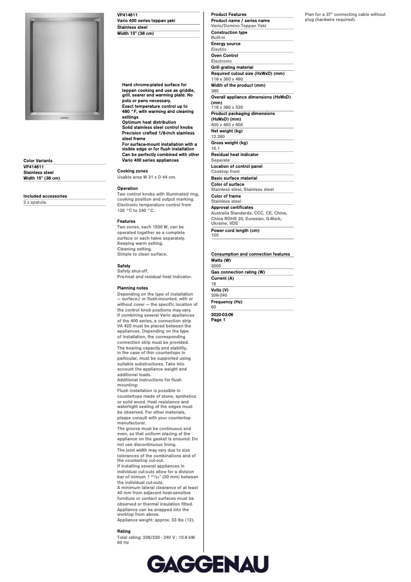 Page n°1 - Fiche technique Gaggenau VP414611
