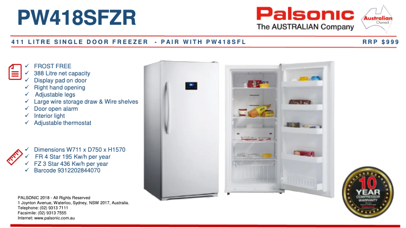 Page 1 de la notice Fiche technique Palsonic PW418SFZL