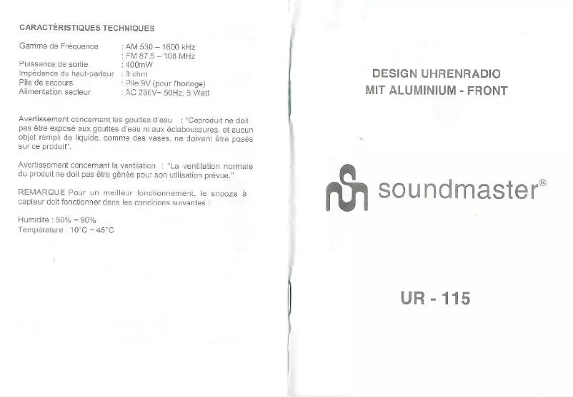 Page 1 de la notice Manuel utilisateur Soundmaster UR115