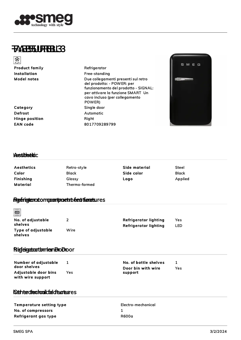 Page 1 de la notice Fiche technique Smeg FAB5URBL3