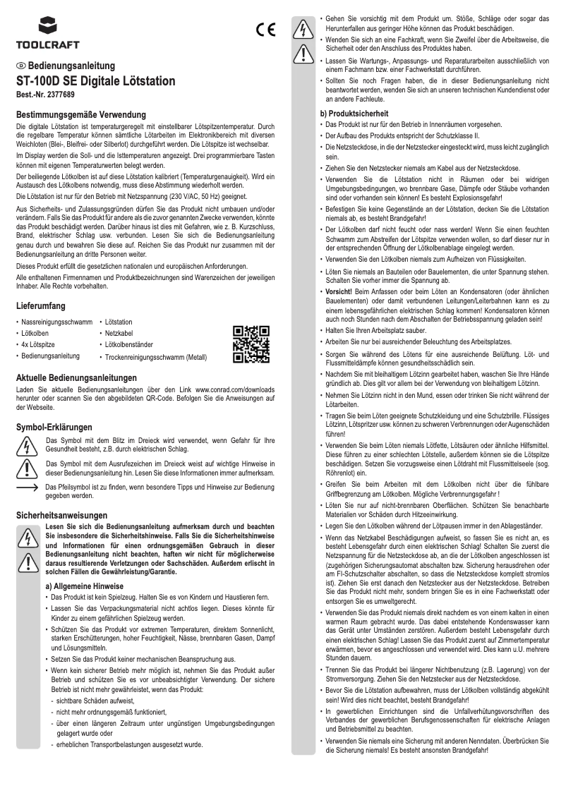 Page 1 de la notice Manuel utilisateur Toolcraft ST-100D SE