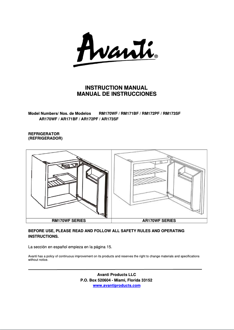 Page 1 de la notice Manuel utilisateur Avanti RM173SF