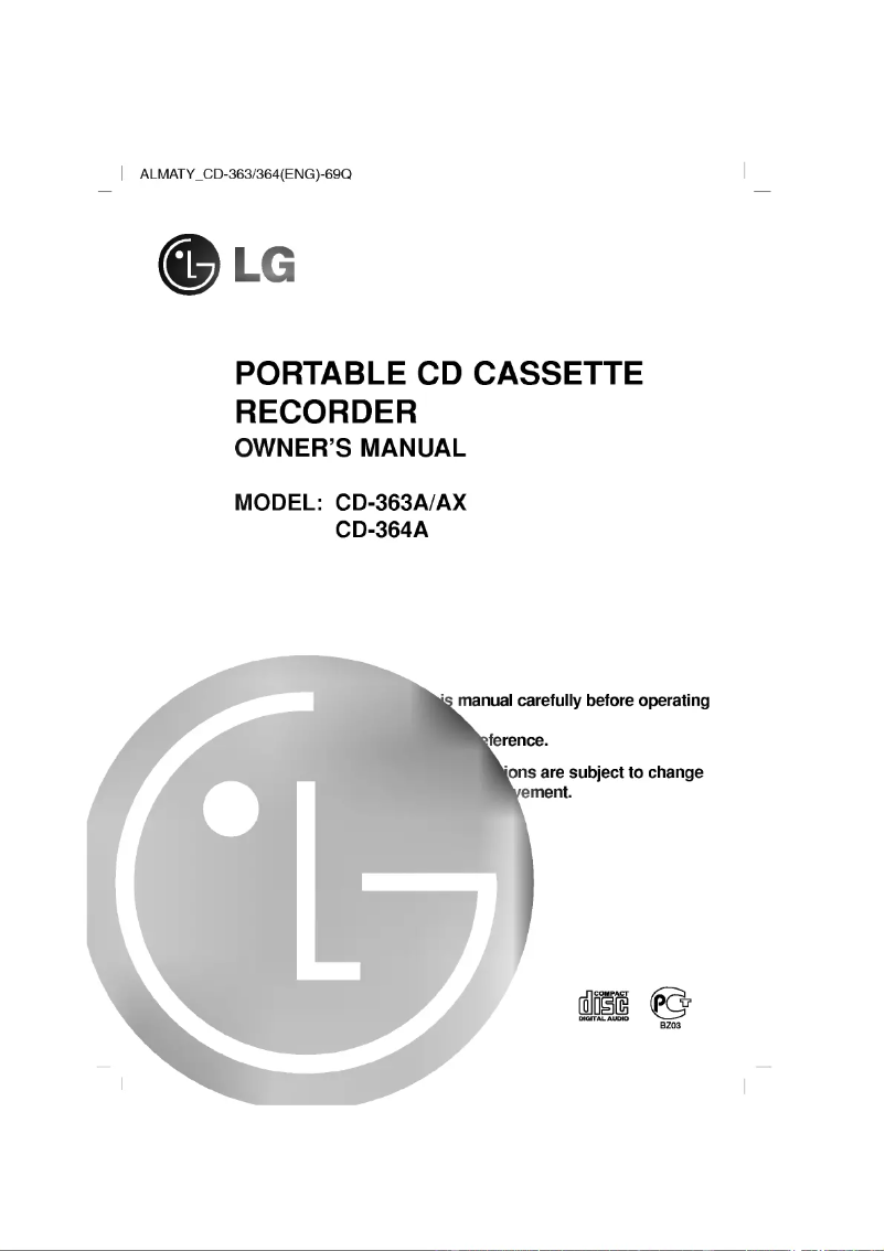 Page 1 de la notice Manuel utilisateur LG CD-363AX