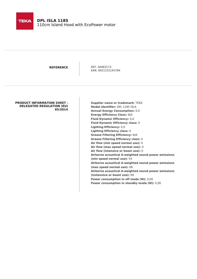 Page 1 de la notice Fiche technique Teka DPL 1185