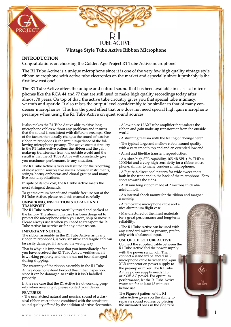 Page 1 de la notice Manuel utilisateur Golden Age Project R1 Tube Active