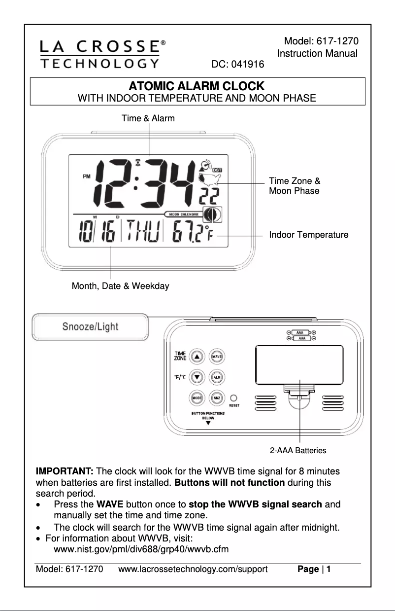Page 1 de la notice Manuel utilisateur La Crosse Technology 617-1270