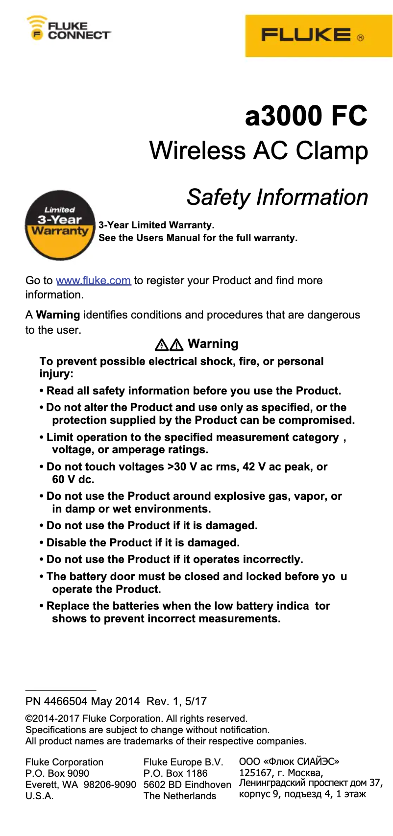 Page 1 de la notice Instructions de sécurité Fluke 3002 FC
