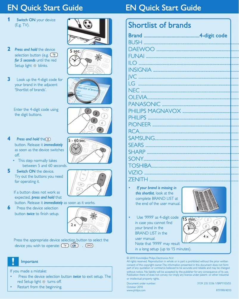 Page 1 de la notice Guide de démarrage rapide Philips SRP1103