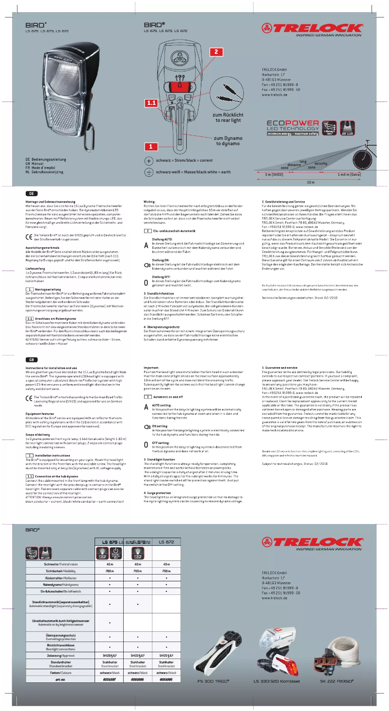 Page 1 de la notice Manuel utilisateur Trelock LS 675 Bird