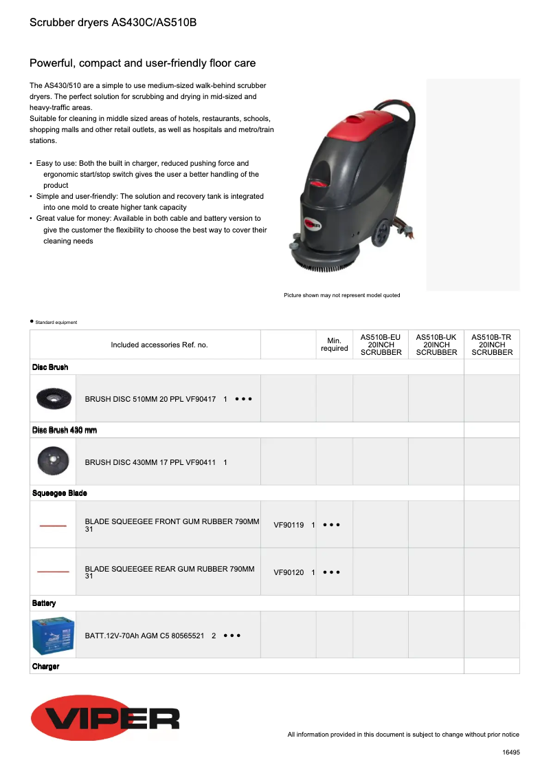 Page 1 de la notice Fiche technique Nilfisk Viper AS430