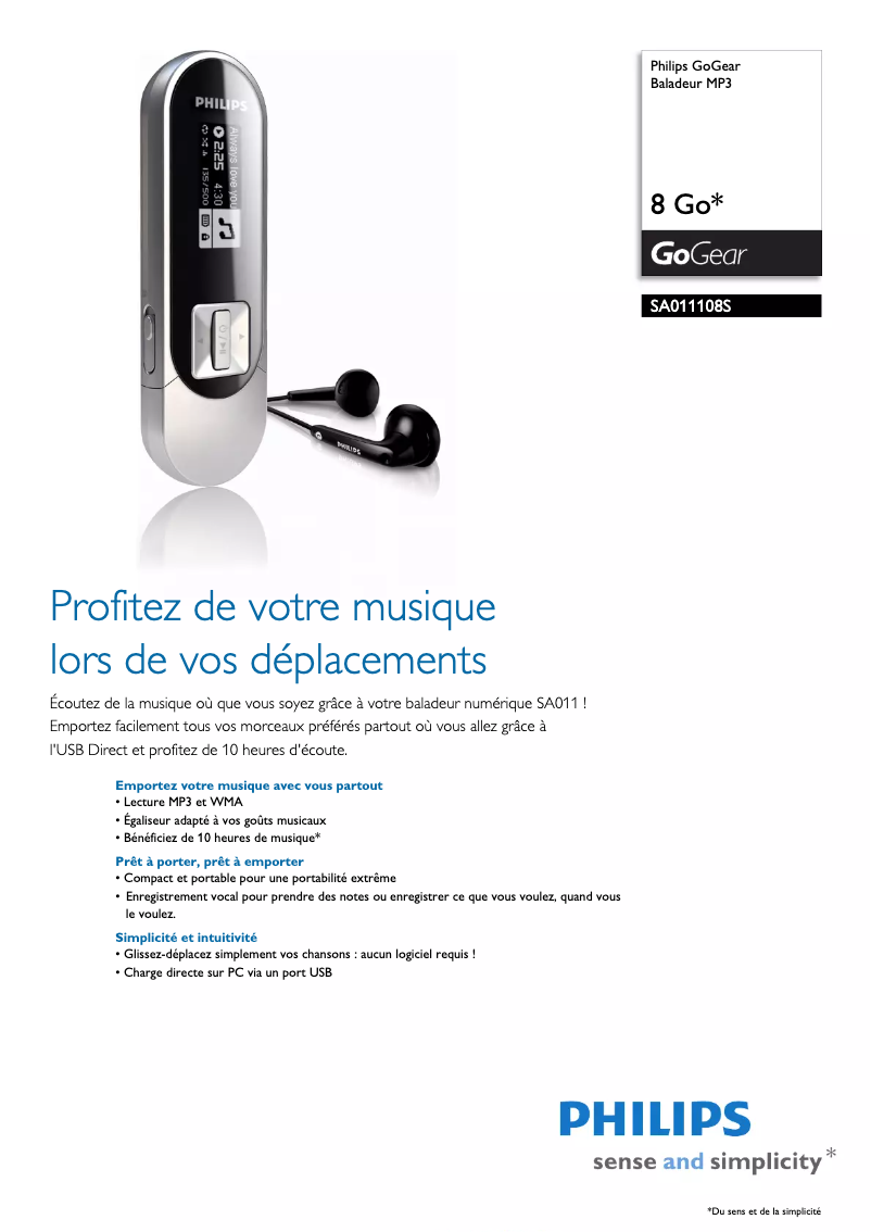 Página 1 del manual Ficha técnica Philips GoGear SA011108S