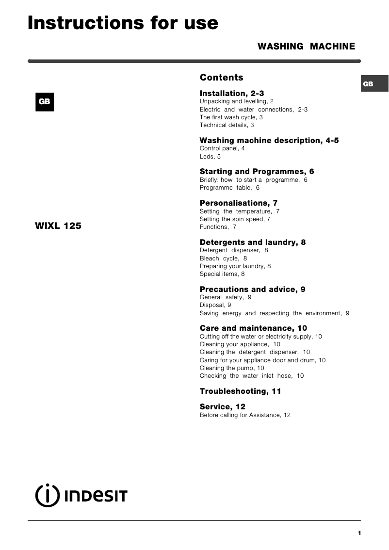 Page n°1 - Manuel utilisateur Indesit WIXL 125 (AUS)