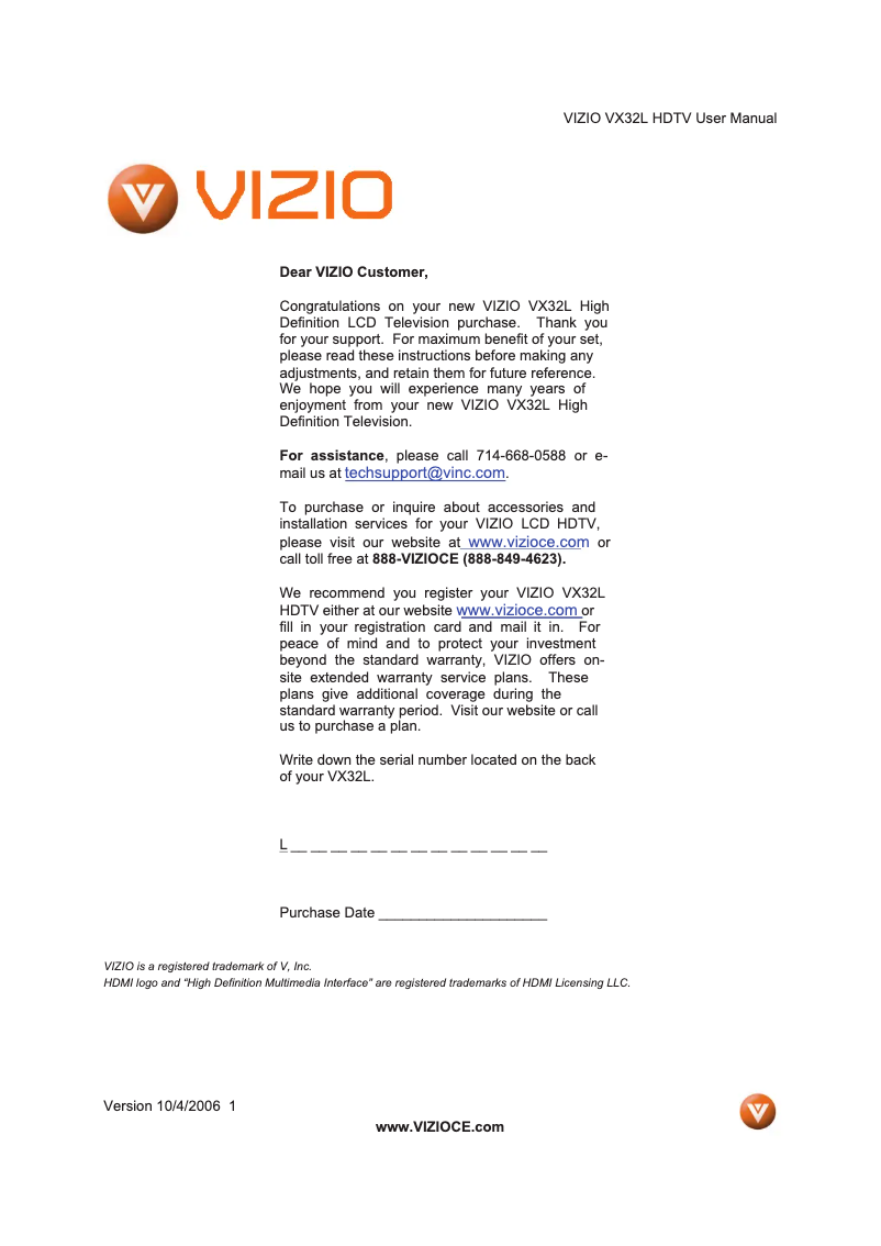 Page n°1 - Manuel utilisateur VIZIO VX32L
