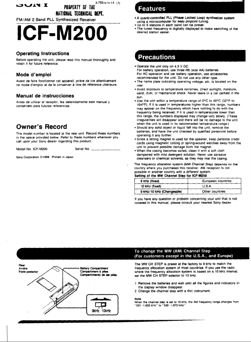 Image de la première page du manuel de l'appareil ICF-M200
