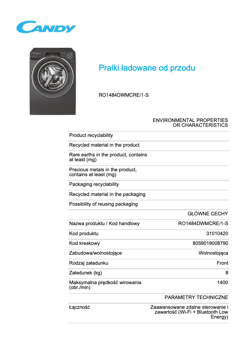 Page 1 de la notice Fiche technique Candy RO1484DWMCRE/1-S