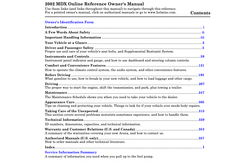 Page 1 de la notice Manuel utilisateur Acura MDX (2002)