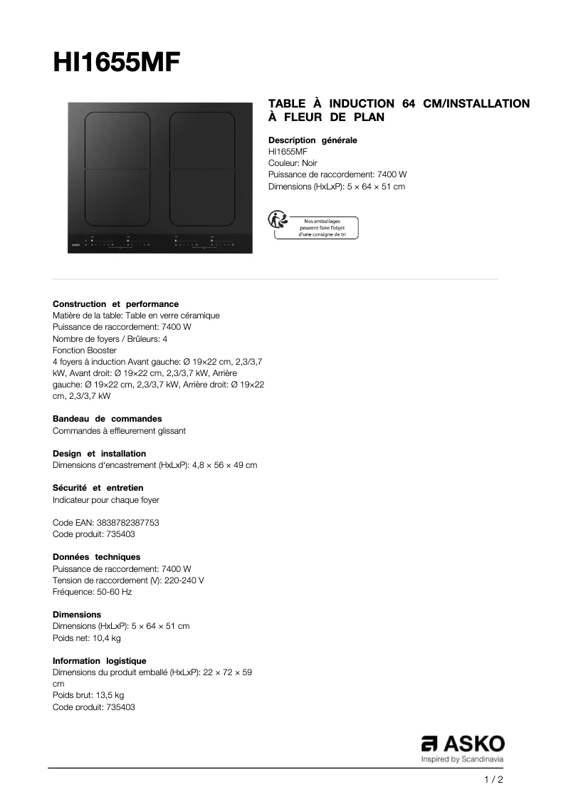 Page n°1 - Fiche technique Asko HI1655MF