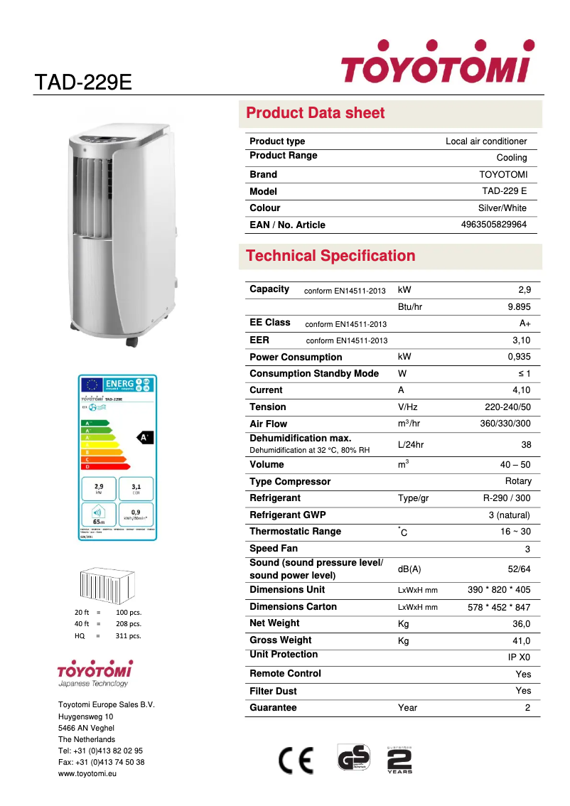 Page n°1 - Fiche technique Toyotomi TAD-229E