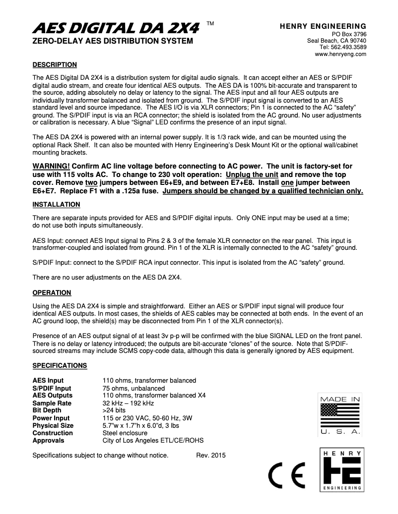 Page 1 de la notice Manuel utilisateur Henry Engineering AES DIGITAL DA 2X4