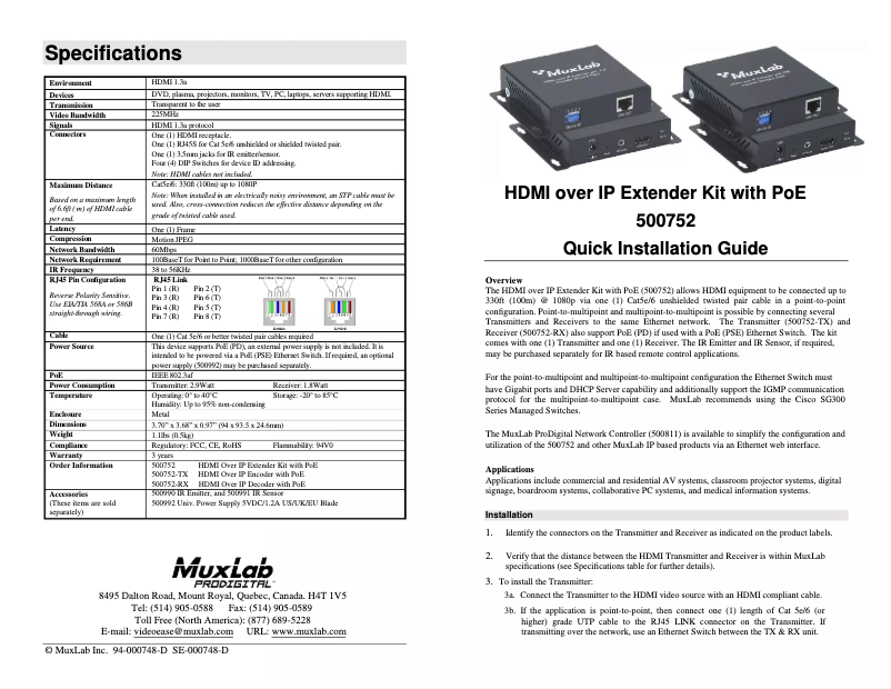 Image de la première page du manuel de l'appareil HDMI over IP Extender Kit with PoE 500752