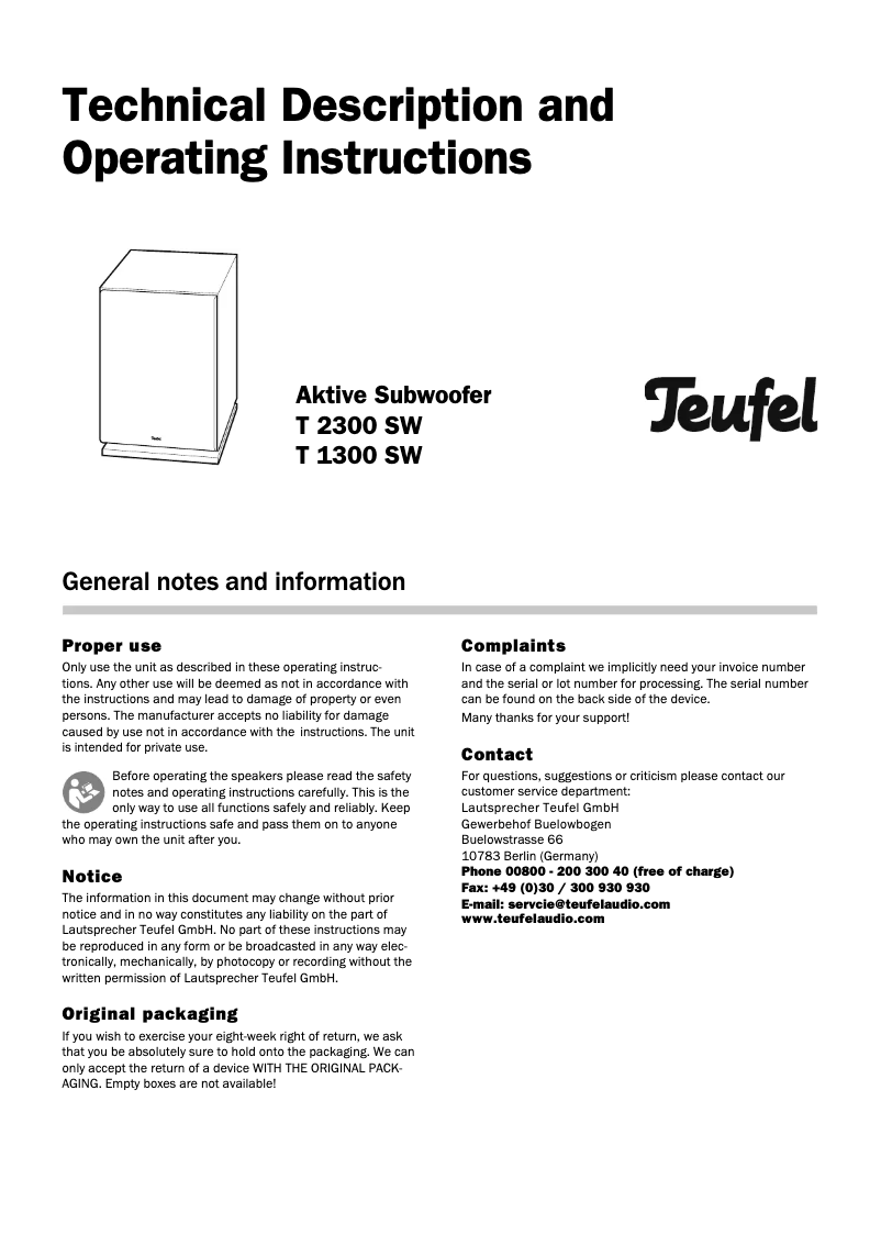 Page n°1 - Manuel utilisateur Teufel T 1300 SW