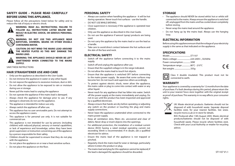 Page 1 de la notice Manuel utilisateur Tesco ST1107