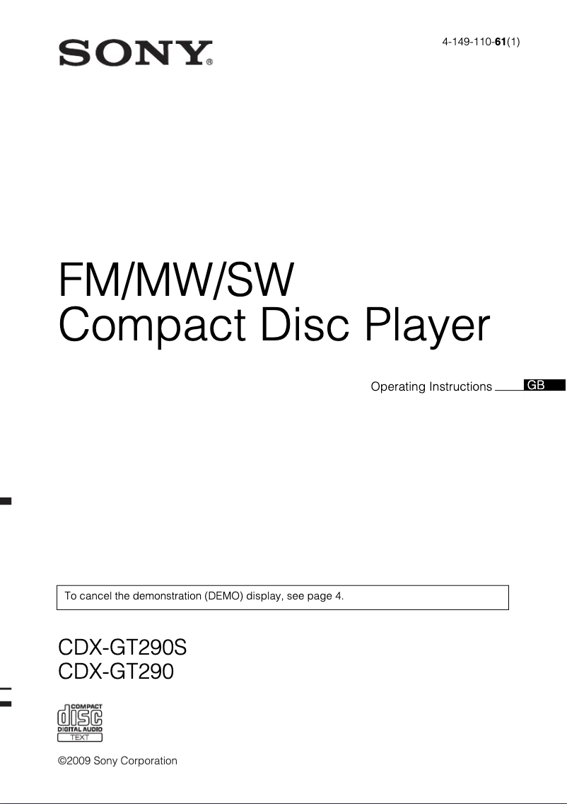 Page 1 de la notice Manuel utilisateur Sony CDX-GT290S