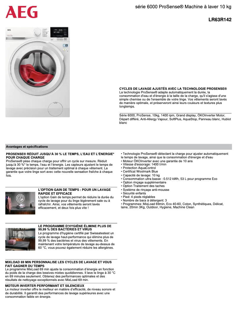 Page 1 de la notice Fiche technique AEG LR63R142