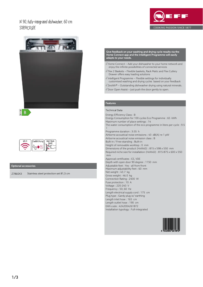 Page 1 de la notice Fiche technique Neff S189YCX02E