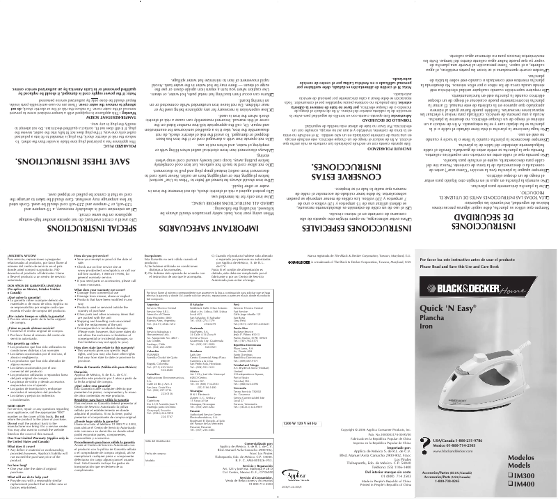 Page 1 de la notice Manuel utilisateur Black & Decker IM400 iron