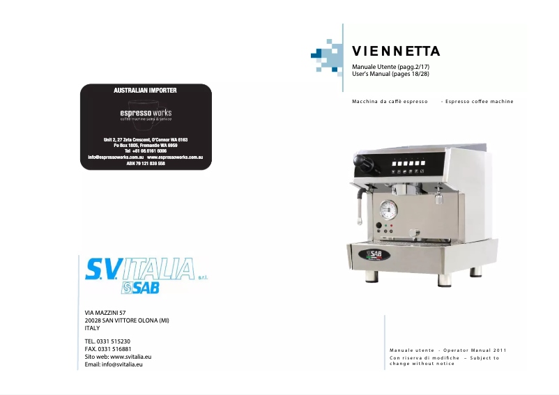 Image de la première page du manuel de l'appareil Vienetta