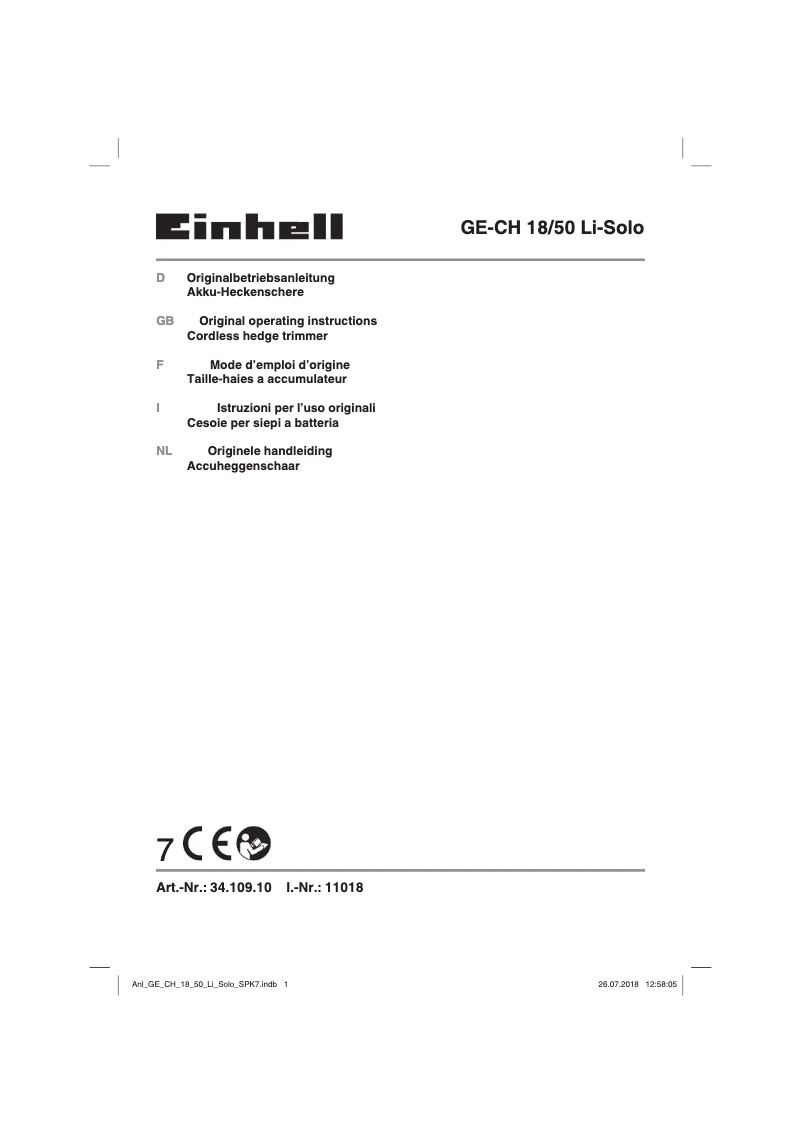 Page 1 de la notice Manuel utilisateur Einhell GE-CH 18/50 Li-Solo