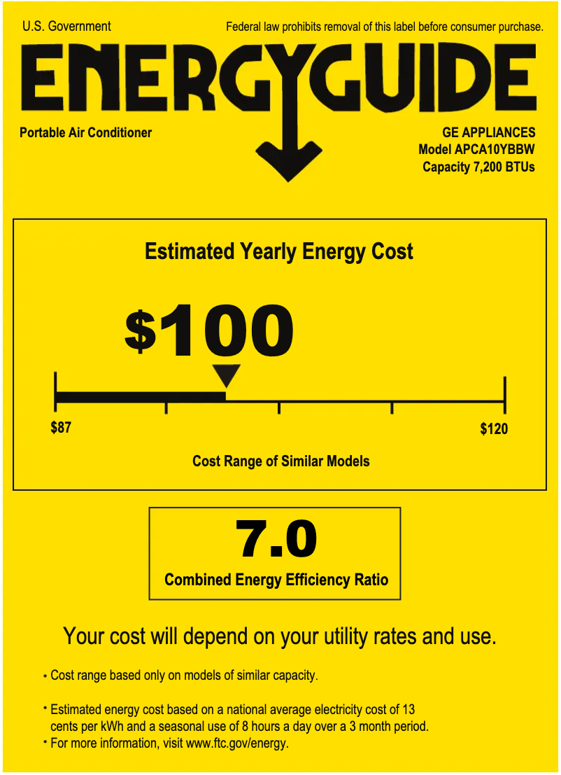 Page 1 de la notice Label énergétique GE APCA10YBBW