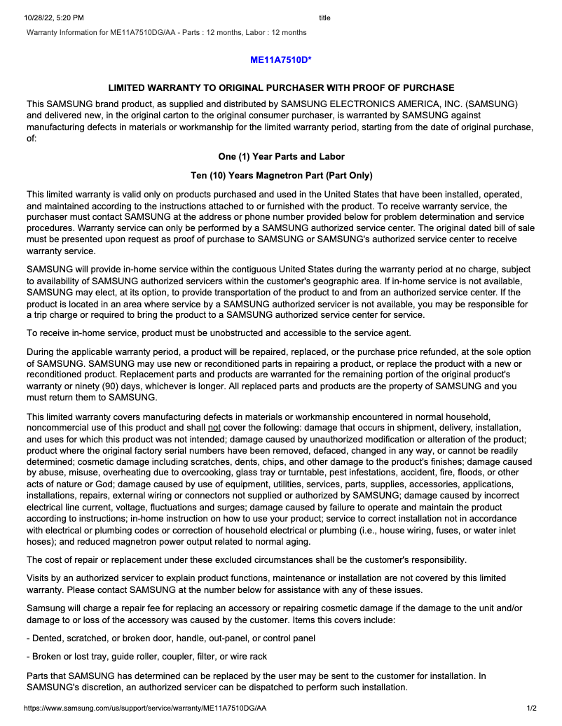 Page 1 de la notice Informations de garantie Samsung ME11A7510DG