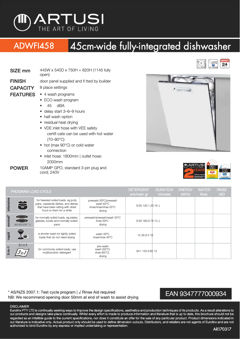 Página 1 del manual Ficha técnica Artusi ADWFI458