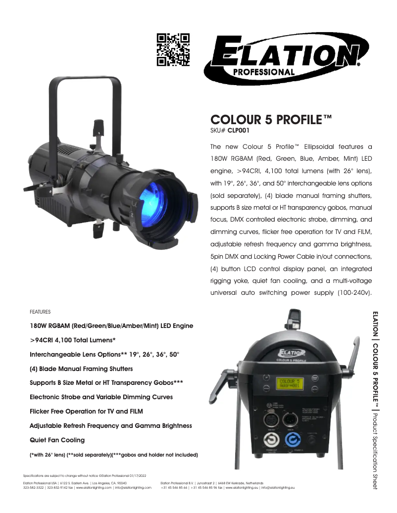 Página 1 del manual Ficha técnica Elation Colour 5 Profile