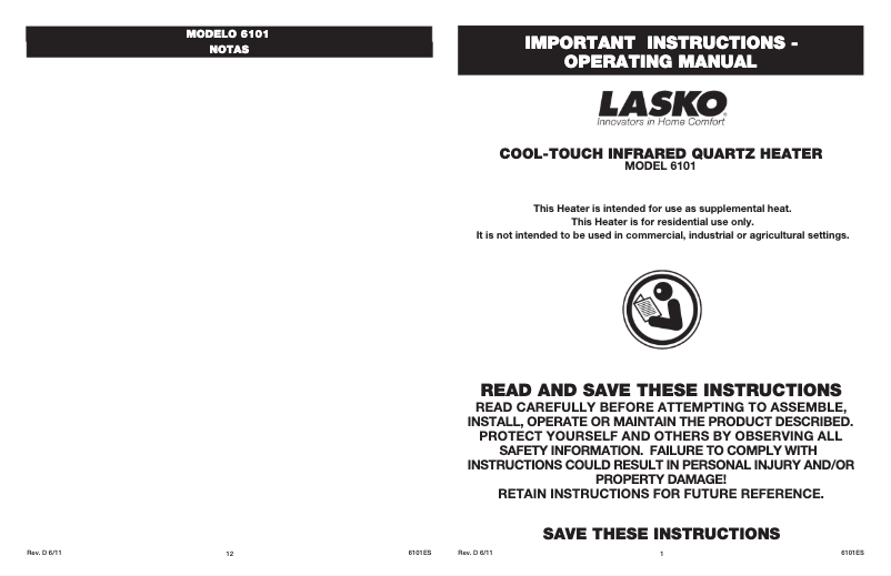 Page 1 of the manual User Manual Lasko 6101