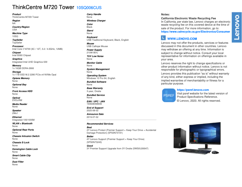 Page n°1 - Fiche technique Lenovo ThinkCentre M720t