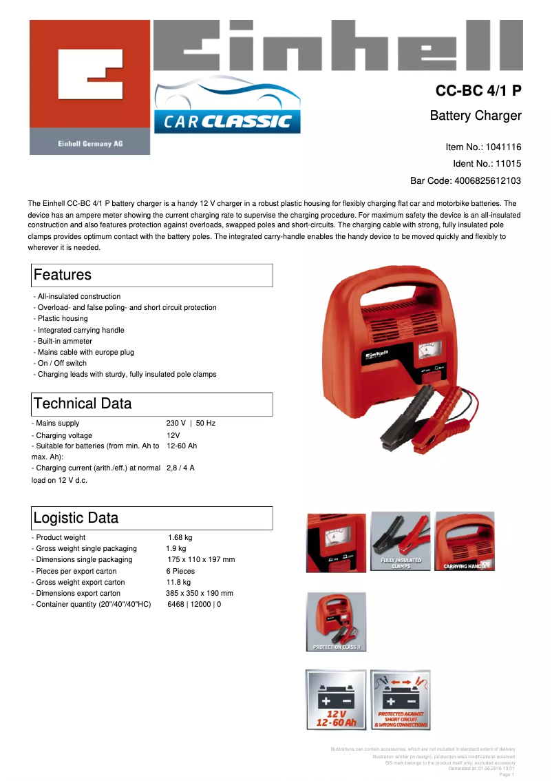 Page 1 de la notice Fiche technique Einhell CC-BC 4/1 P