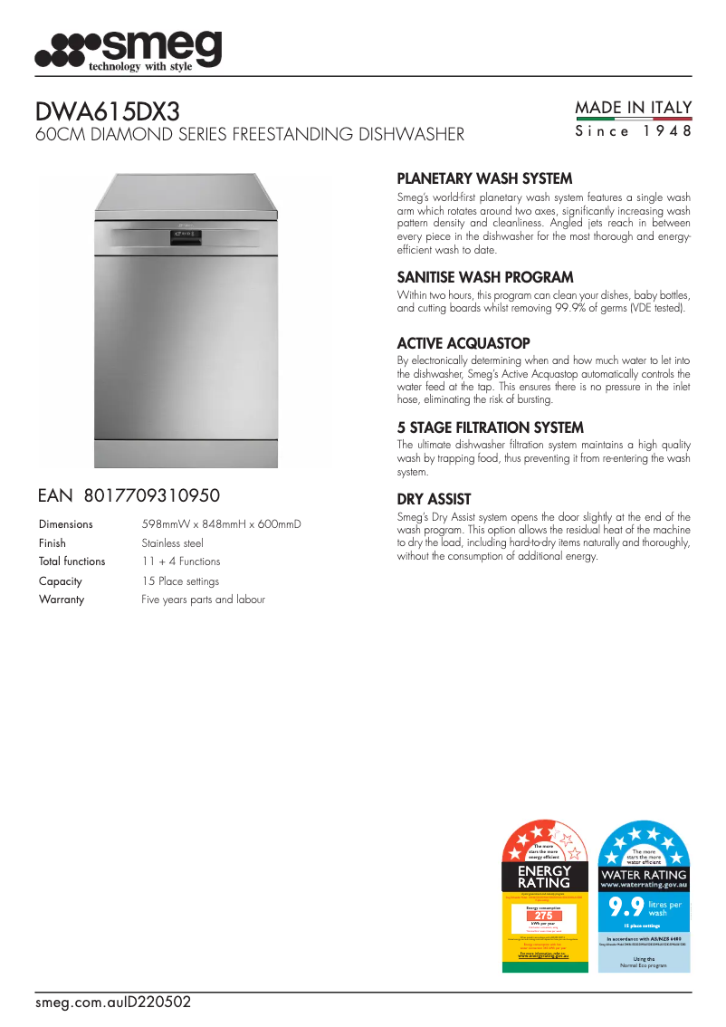 Page n°1 - Fiche technique Smeg DWA615DX3