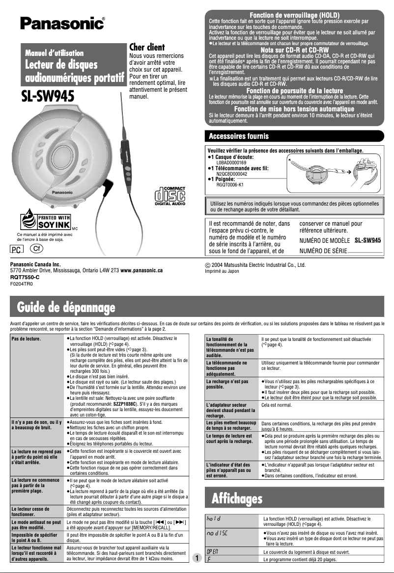 Page 1 de la notice Manuel utilisateur Panasonic SL-SW945