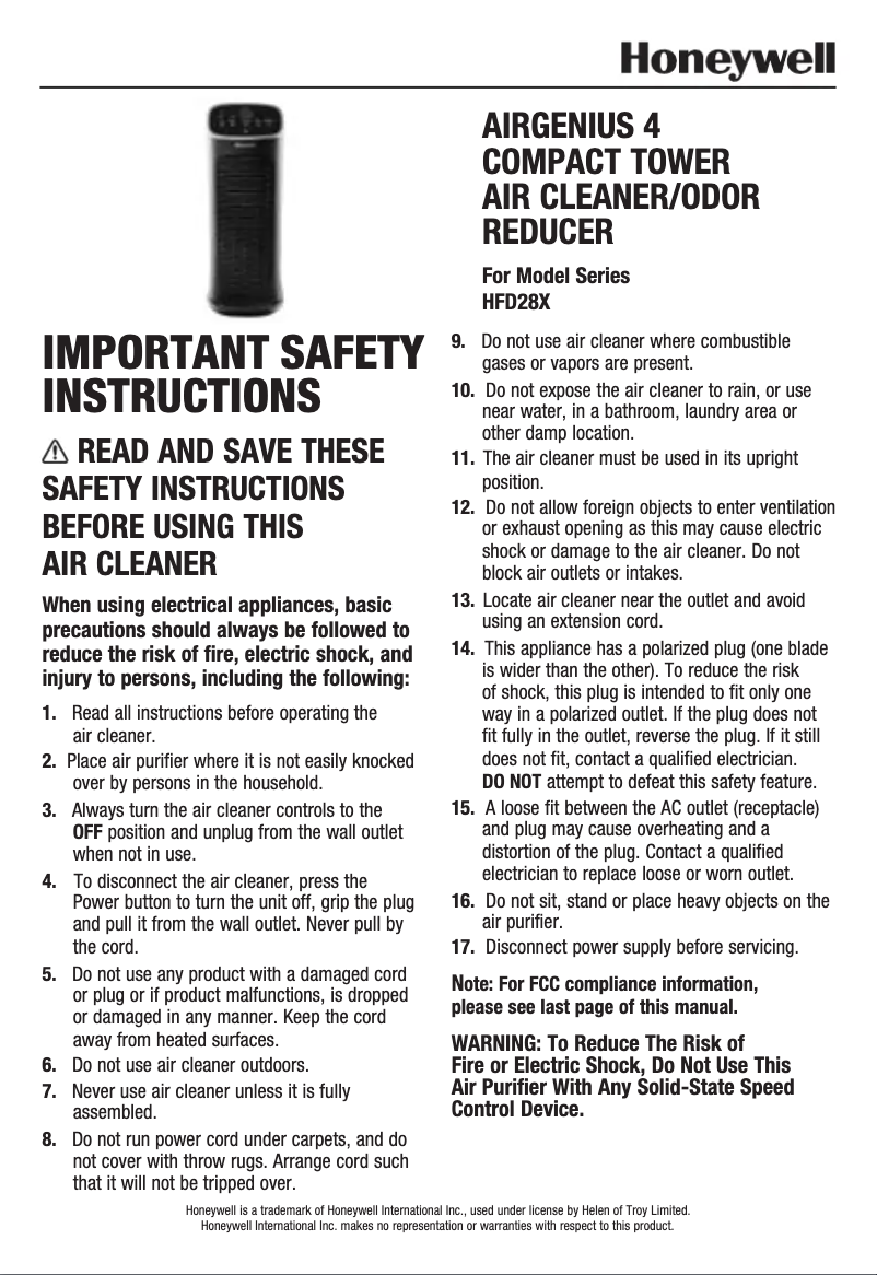 Page 1 de la notice Manuel utilisateur Honeywell AirGenius 4 HFD280B