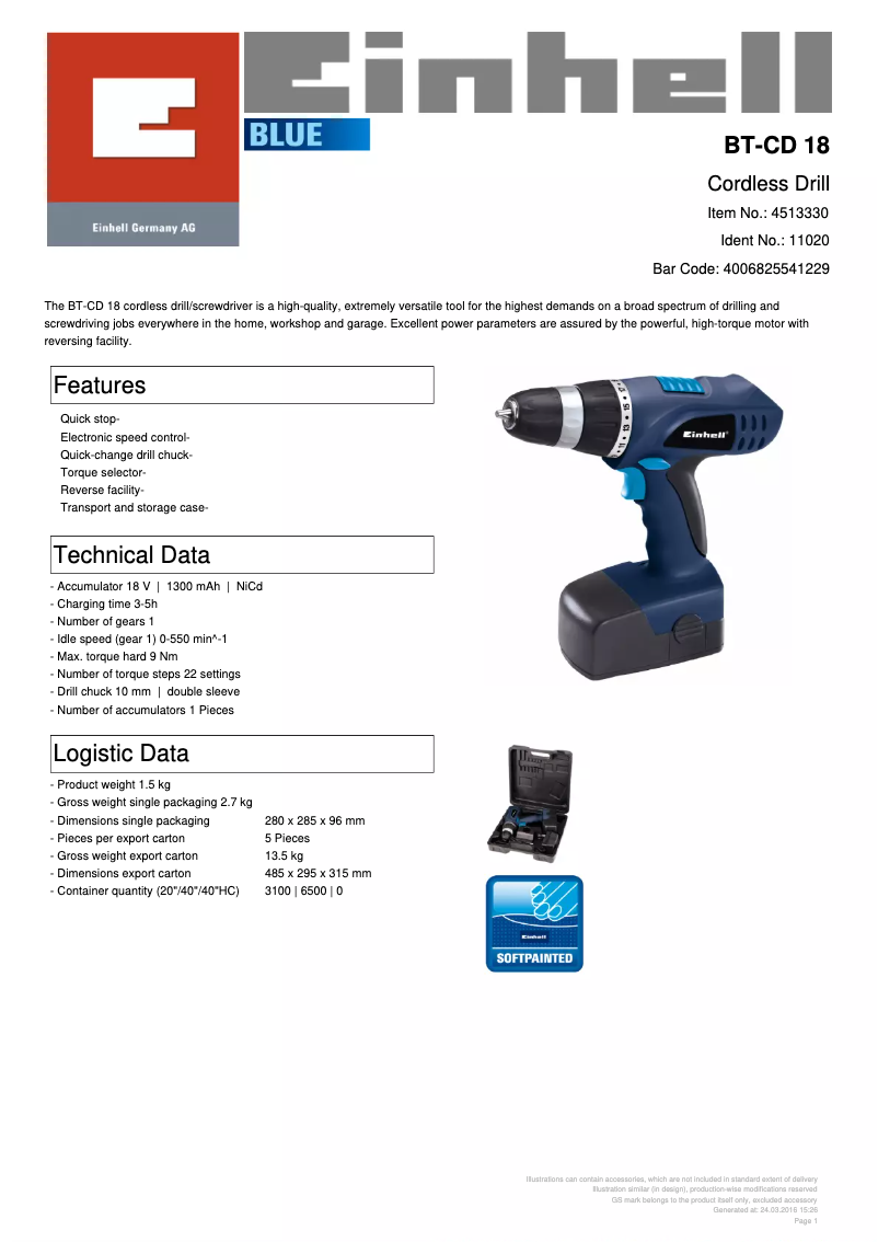 Page 1 de la notice Fiche technique Einhell BT-CD 18