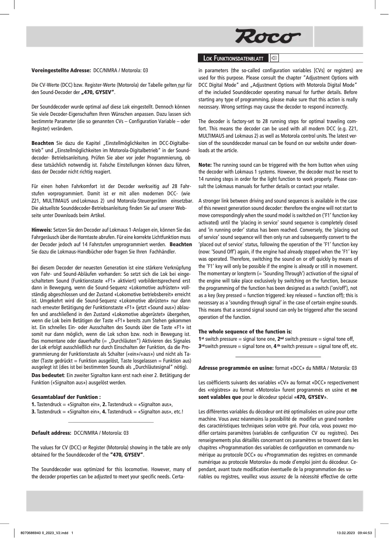 Page 1 de la notice Manuel utilisateur Roco 70686