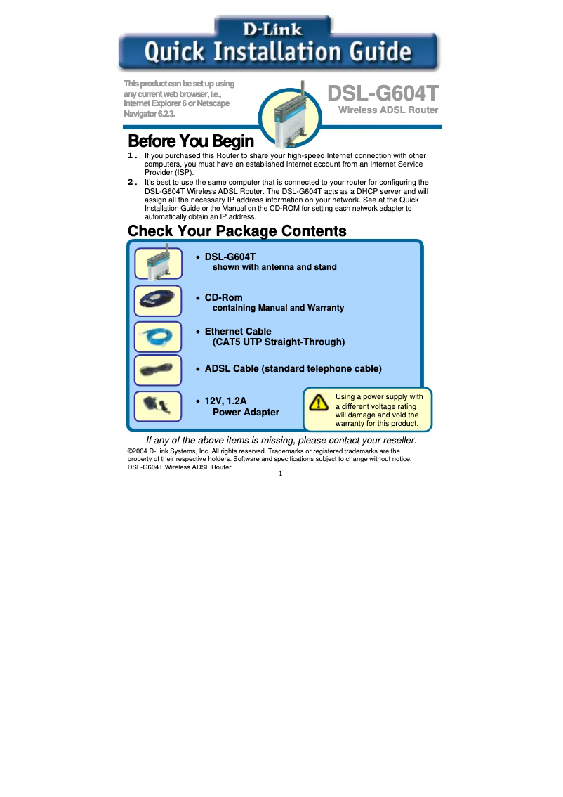 Page 1 de la notice Guide d'installation D-Link DSL-G604T