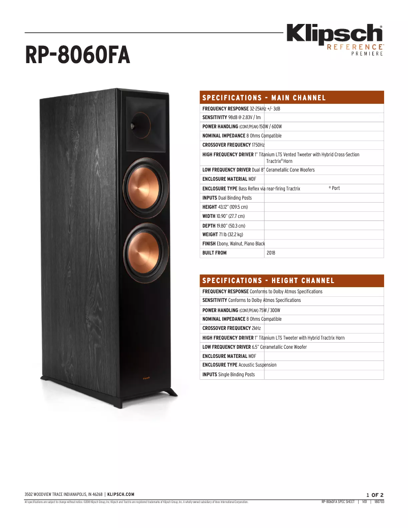 Page 1 de la notice Fiche technique Klipsch Reference Premiere RP-8060FA