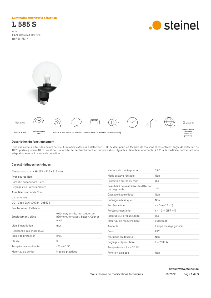 Page 1 de la notice Fiche technique Steinel L 585 S