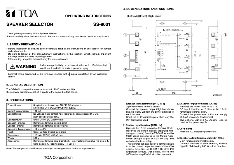Page 1 de la notice Manuel utilisateur TOA SS-9001PS