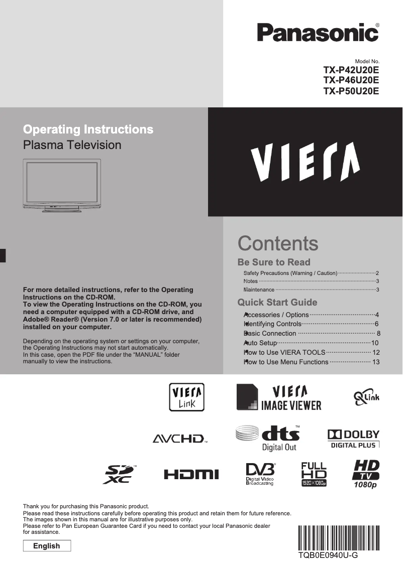 Page 1 de la notice Manuel utilisateur Panasonic Viera TX-P42U20E